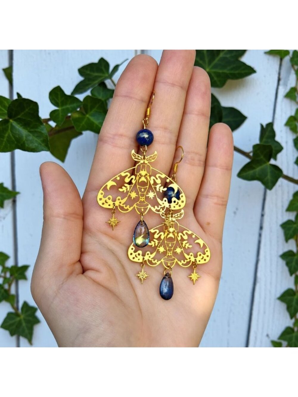 Gold Moth Dangle Earrings Celestial Crystal Drops Witchy Gothic Jewelry Gift